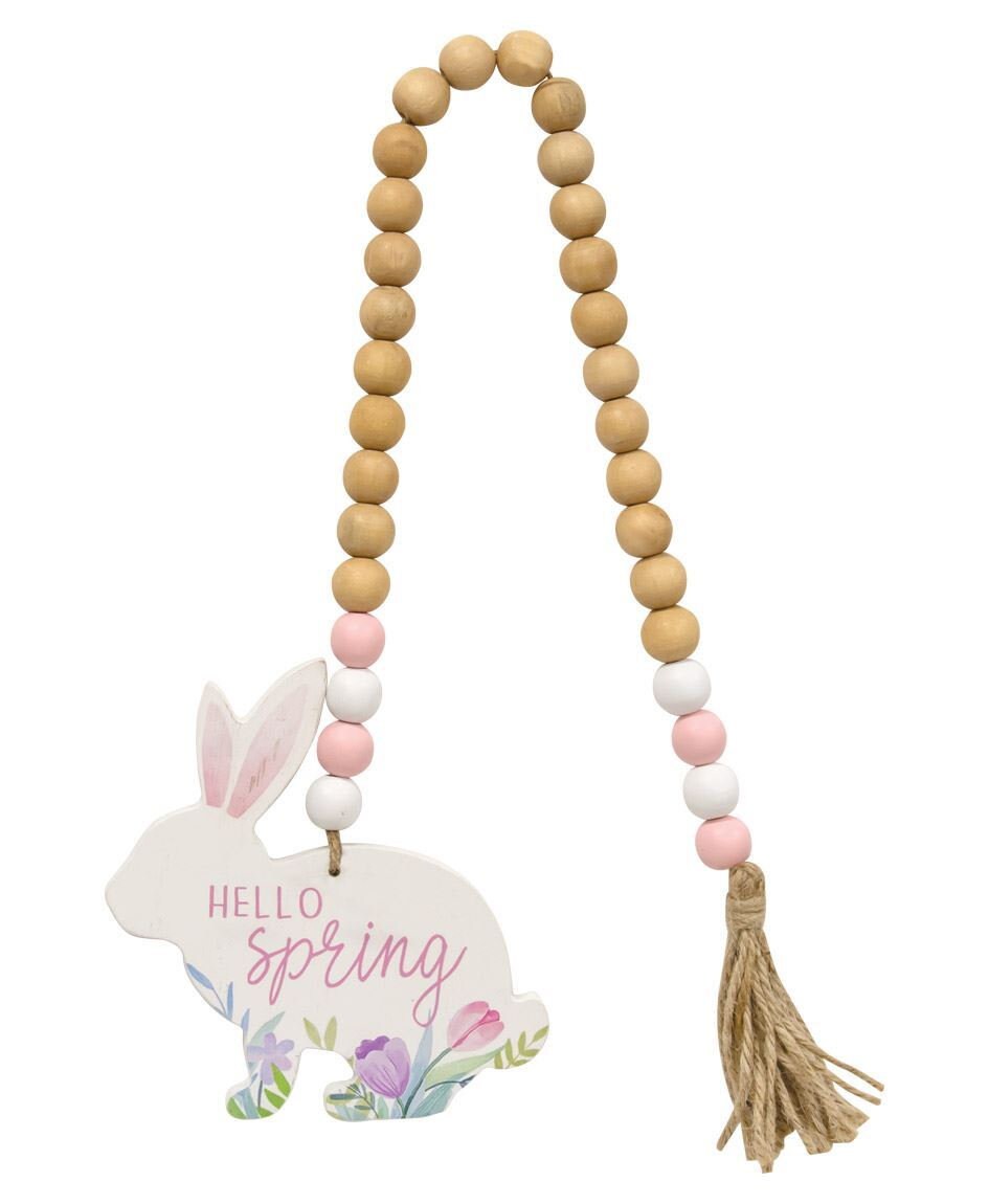 HELLO SPRING Wooden Bead Garland w/Bunny, Beaded Garland, Easter, Bunny Garland, Wooden Beads, Tier Tray Decor
