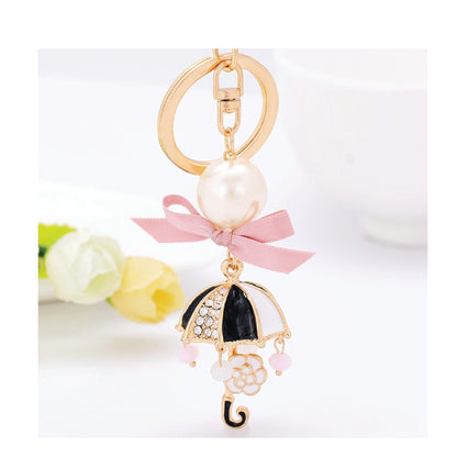 Pink Enamel Rhinestone Umbrella Key Chain