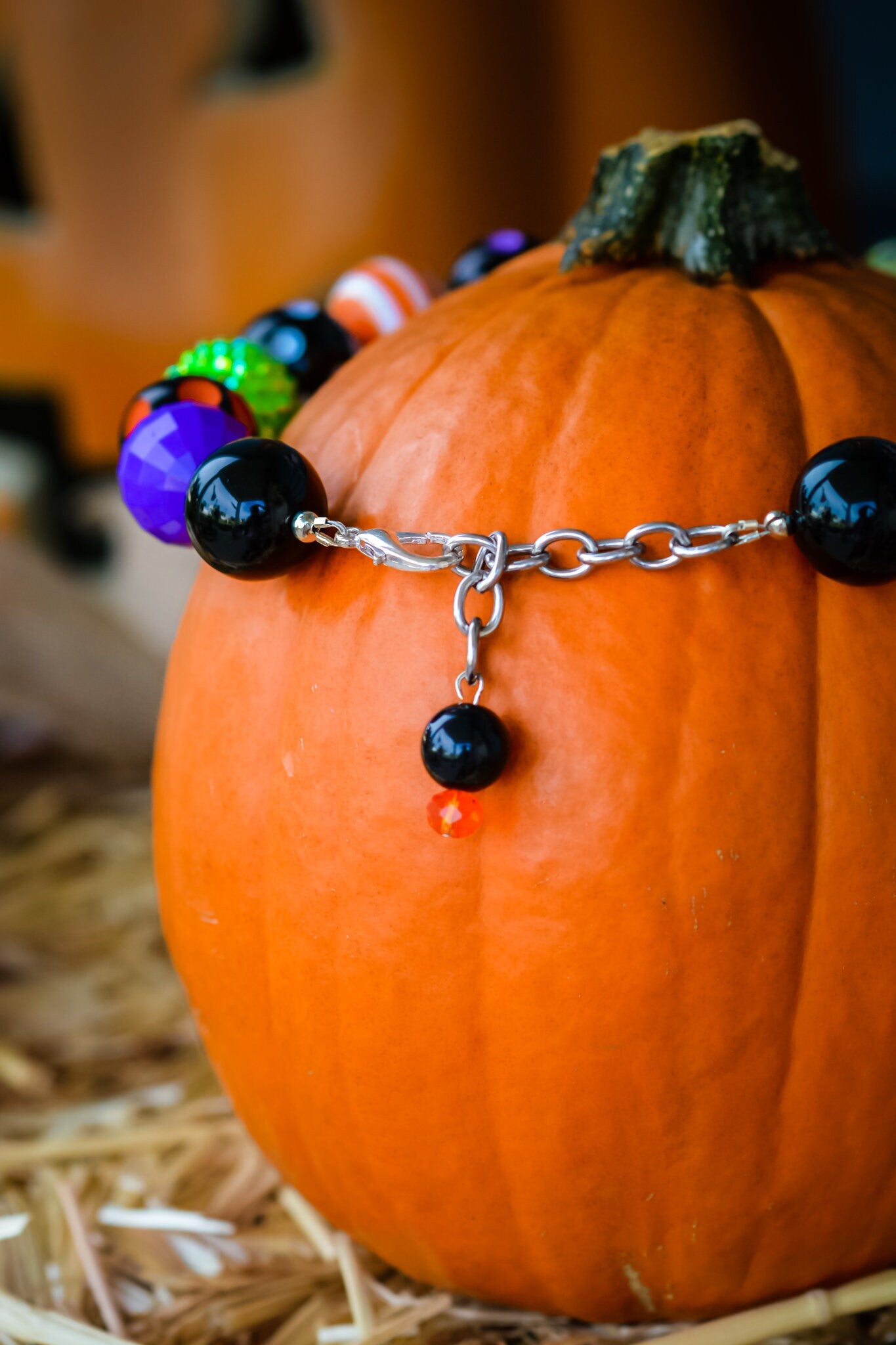 SPOOKY MINNIE Halloween Necklace Rhinestone Pendant, Orange, Green, Purple Beads Child, Toddler, Baby Size Bubblegum Gumball Beaded Necklace