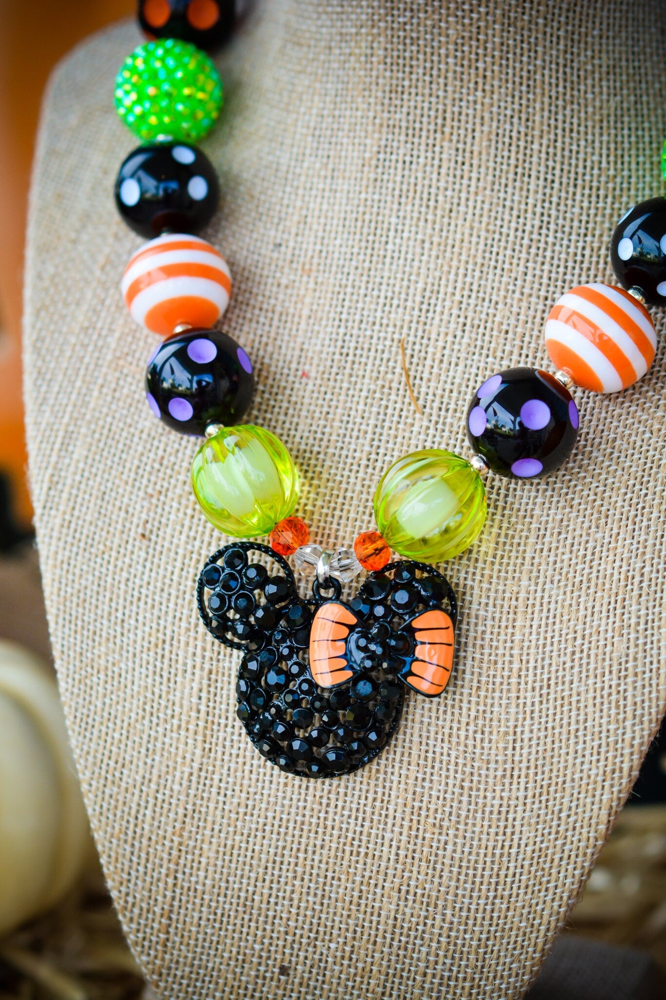 SPOOKY MINNIE Halloween Necklace Rhinestone Pendant, Orange, Green, Purple Beads Child, Toddler, Baby Size Bubblegum Gumball Beaded Necklace