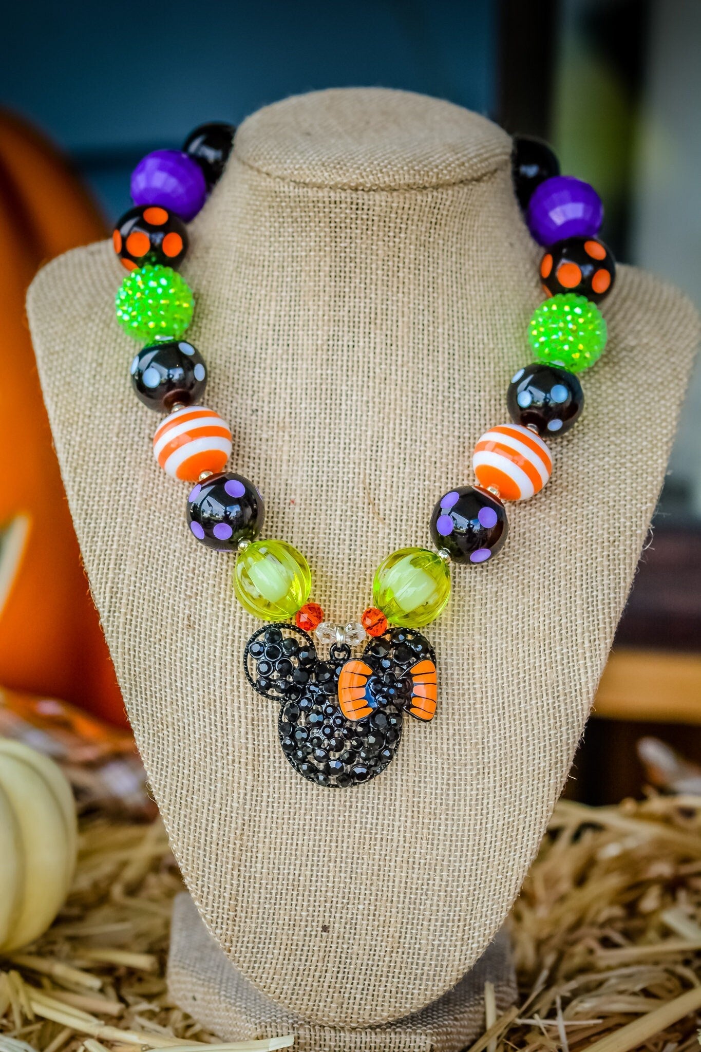 SPOOKY MINNIE Halloween Necklace Rhinestone Pendant, Orange, Green, Purple Beads Child, Toddler, Baby Size Bubblegum Gumball Beaded Necklace