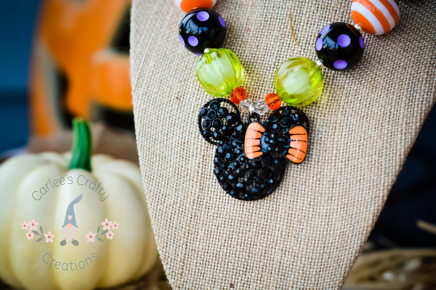 SPOOKY MINNIE Halloween Necklace Rhinestone Pendant, Orange, Green, Purple Beads Child, Toddler, Baby Size Bubblegum Gumball Beaded Necklace