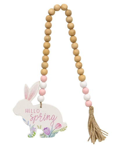 HELLO SPRING  Wooden Bead Garland w/Bunny, Beaded Garland, Easter, Bunny Garland, Wooden Beads, Tier Tray Decor
