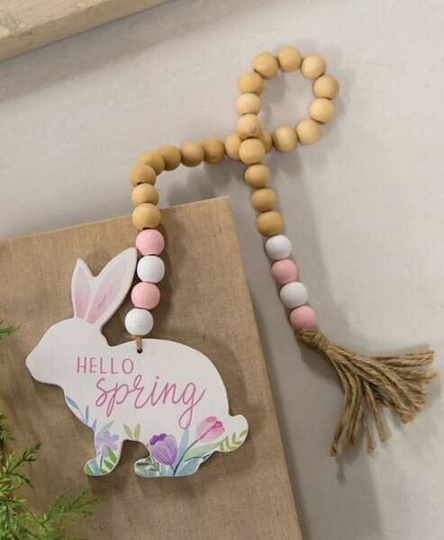 HELLO SPRING  Wooden Bead Garland w/Bunny, Beaded Garland, Easter, Bunny Garland, Wooden Beads, Tier Tray Decor