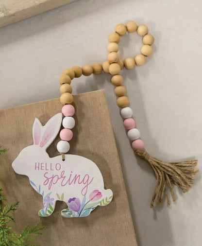 HELLO SPRING  Wooden Bead Garland w/Bunny, Beaded Garland, Easter, Bunny Garland, Wooden Beads, Tier Tray Decor
