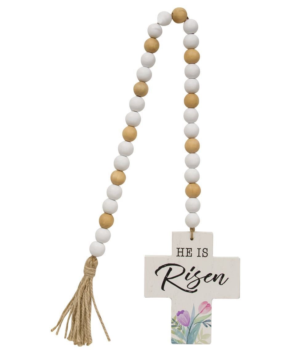 HE IS RISEN Wooden Bead Garland with Cross