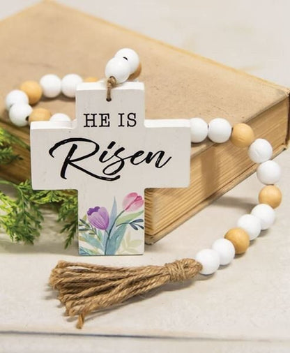 HE IS RISEN Wooden Bead Garland with Cross