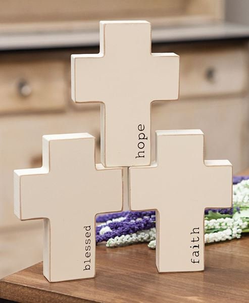 INSPIRATIONAL CHUNKY CROSS, 3 Asstd. Faith, Hope, Blessed, Easter, Home Decor, Tiered Tray, Tabletop Decor