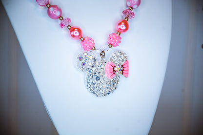 MISS MOUSE Chunky Necklace, Minnie Mouse Necklace, Rhinestone Pendant, Pink Beads Child to Adult Size Bubblegum Gum-ball Beaded Necklace