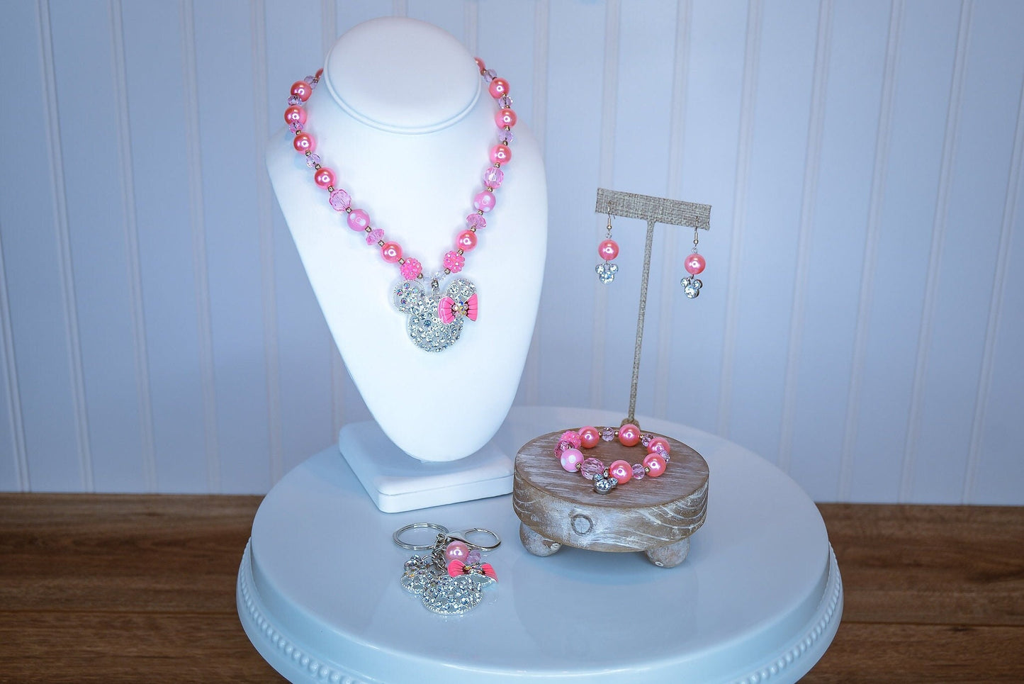 MISS MOUSE Chunky Necklace, Minnie Mouse Necklace, Rhinestone Pendant, Pink Beads Child to Adult Size Bubblegum Gum-ball Beaded Necklace