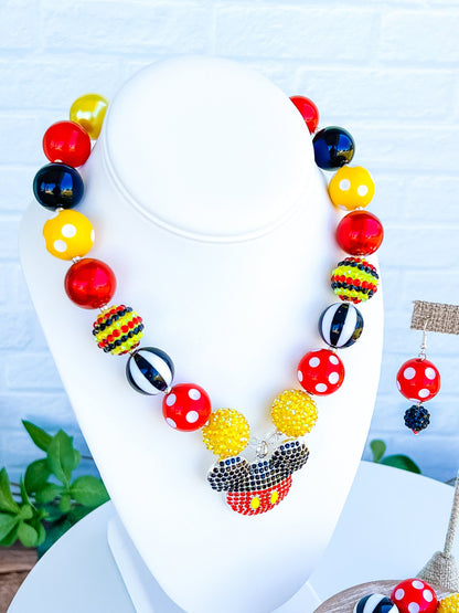 MICKEY MOUSE Chunky Necklace, Mickey Necklace, Red, Yellow, Black Beads, Child, Toddler or Baby Size Bubblegum Necklace