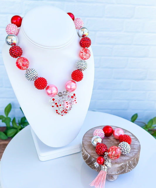 IN LOVE, MINNIE Mouse Valentine Necklace, Chunky Necklace, Pink, Red & Silver Beads, Child to Adult Size Statement Necklace, Bracelet