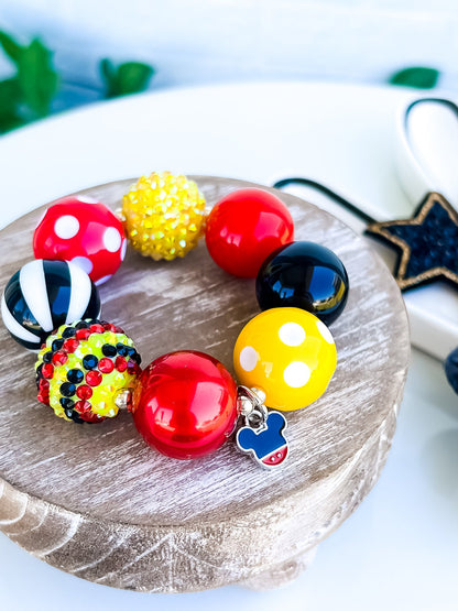 MICKEY MOUSE Chunky Necklace, Mickey Necklace, Red, Yellow, Black Beads, Child, Toddler or Baby Size Bubblegum Necklace