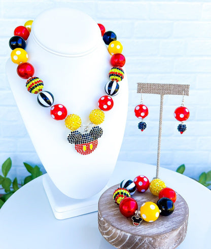 MICKEY MOUSE Chunky Necklace, Mickey Necklace, Red, Yellow, Black Beads, Child, Toddler or Baby Size Bubblegum Necklace