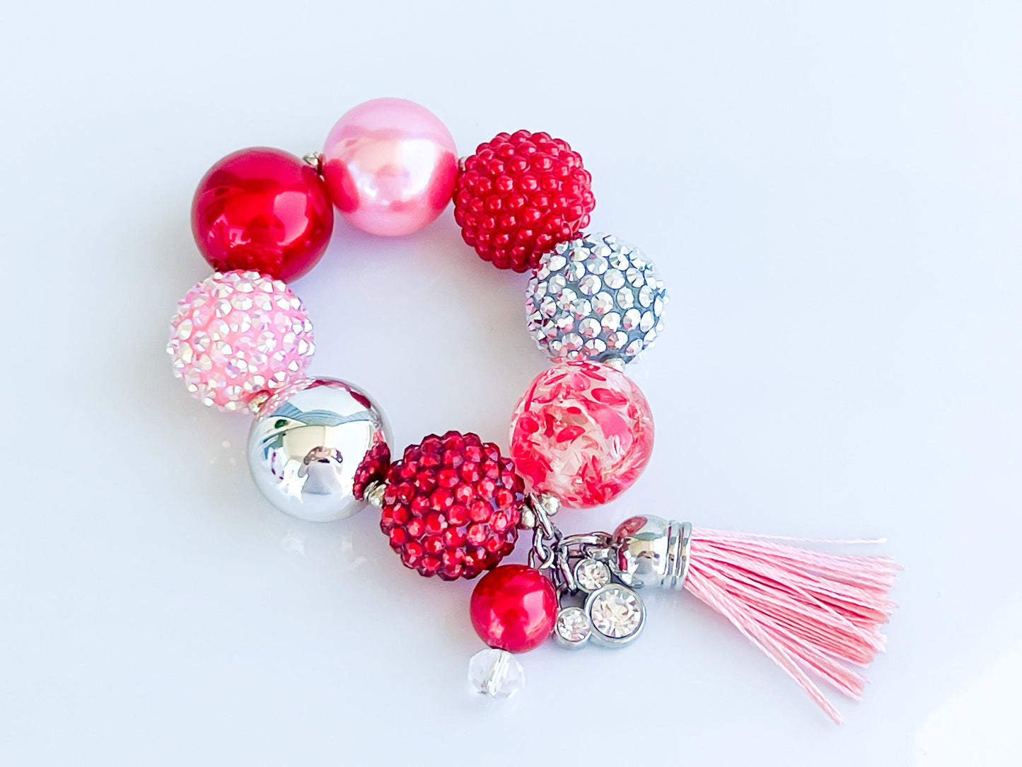 IN LOVE, MINNIE Mouse Valentine Necklace, Chunky Necklace, Pink, Red & Silver Beads, Child to Adult Size Statement Necklace, Bracelet