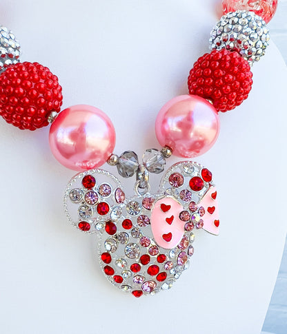 IN LOVE, MINNIE Mouse Valentine Necklace, Chunky Necklace, Pink, Red & Silver Beads, Child to Adult Size Statement Necklace, Bracelet