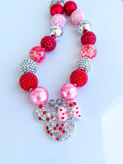 IN LOVE, MINNIE Mouse Valentine Necklace, Chunky Necklace, Pink, Red & Silver Beads, Child to Adult Size Statement Necklace, Bracelet