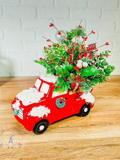 RED TRUCK, Christmas Red Truck, Christmas Centerpiece, Holiday Red Truck Floral, Rustick Truck, Christmas Snow Red Truck