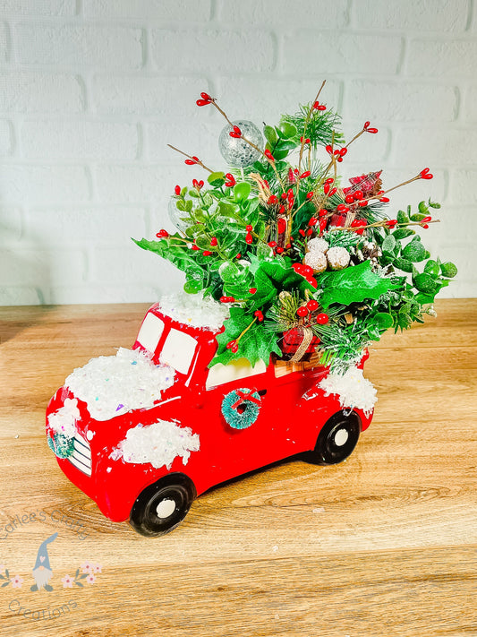 RED TRUCK, Christmas Red Truck, Christmas Centerpiece, Holiday Red Truck Floral, Rustick Truck, Christmas Snow Red Truck