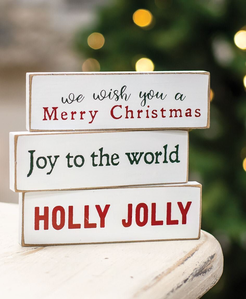 CHRISTMAS DECOR, Shelf Sitters, Holly Jolly Thin Mini Blocks, 3 Asstd. Tier Tray Decor, Christmas Blocks, Teacher Gifts