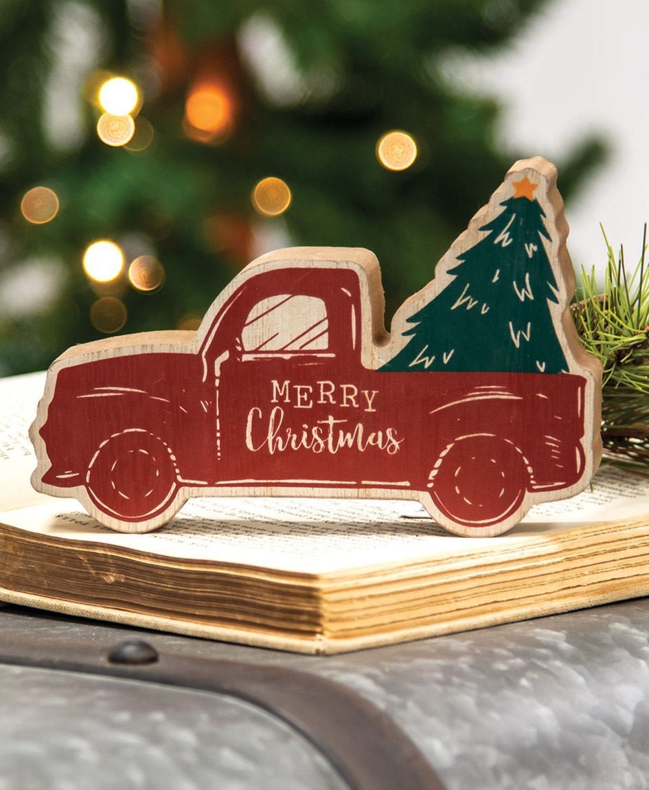 Merry Christmas Chunky Truck Sitter, Red Truck, Christmas Decor, Holiday Decor, Shelf Sitter