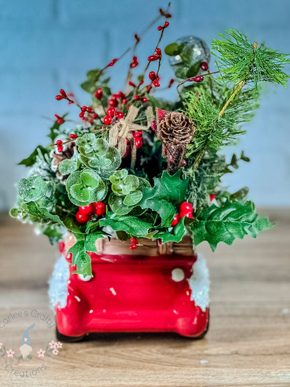 RED TRUCK, Christmas Red Truck, Christmas Centerpiece, Holiday Red Truck Floral, Rustick Truck, Christmas Snow Red Truck