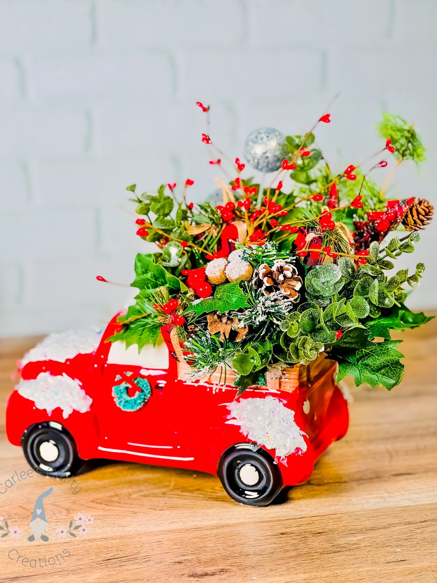 RED TRUCK, Christmas Red Truck, Christmas Centerpiece, Holiday Red Truck Floral, Rustick Truck, Christmas Snow Red Truck