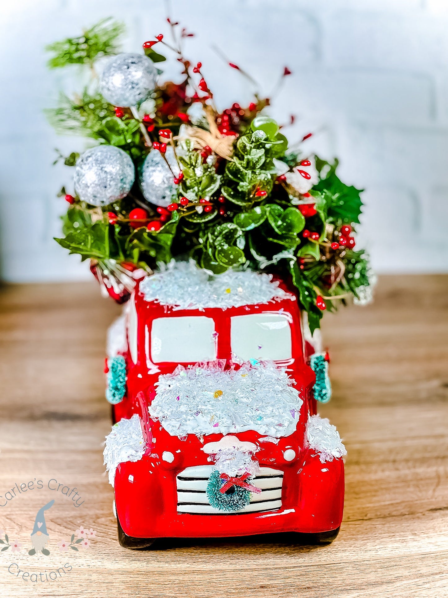 RED TRUCK, Christmas Red Truck, Christmas Centerpiece, Holiday Red Truck Floral, Rustick Truck, Christmas Snow Red Truck