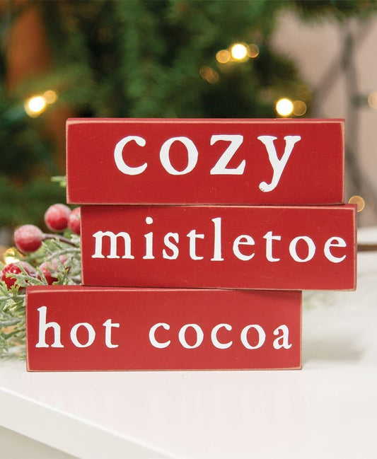 Cozy, Mistletoe or Hot Cocoa Thin Mini Block, 3 Asstd. Tier Tray Decor, Christmas Decor