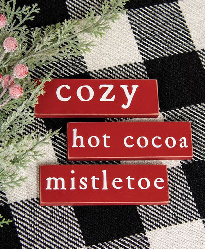 Cozy, Mistletoe or Hot Cocoa Thin Mini Block, 3 Asstd. Tier Tray Decor, Christmas Decor