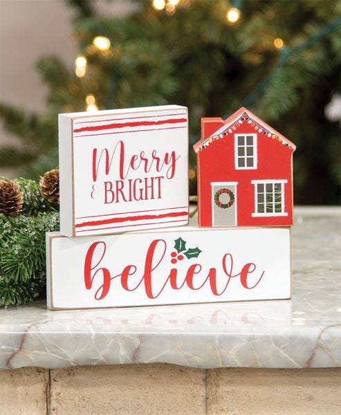 CHRISTMAS TIER TRAY, This House Believes, Merry & Bright, Believe, House Wooden Blocks, 3/Set, Christmas Decor, TierTray Decor, Holiday Dec.