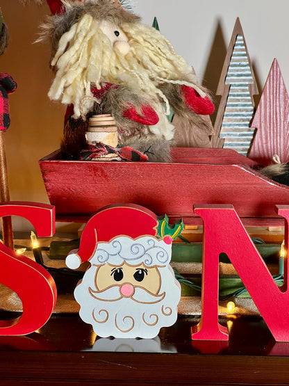 Wood Santa Christmas Decor | 3D Santa Free Standing Sign | Winter Holiday Santa Face Shelf Sitter | Chunky Santa Letters | Farmhouse Santa