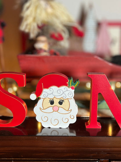 Wood Santa Christmas Decor | 3D Santa Free Standing Sign | Winter Holiday Santa Face Shelf Sitter | Chunky Santa Letters | Farmhouse Santa