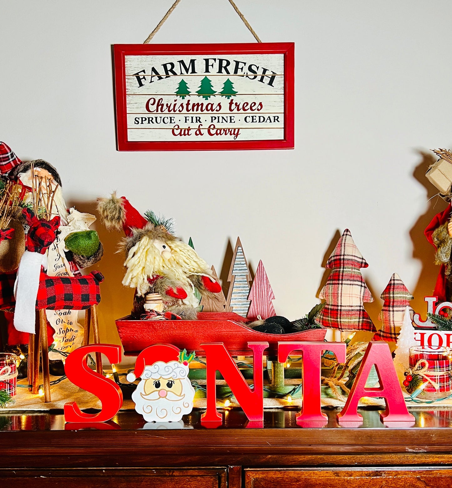 Wood Santa Christmas Decor | 3D Santa Free Standing Sign | Winter Holiday Santa Face Shelf Sitter | Chunky Santa Letters | Farmhouse Santa