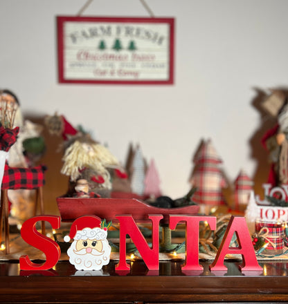 Wood Santa Christmas Decor | 3D Santa Free Standing Sign | Winter Holiday Santa Face Shelf Sitter | Chunky Santa Letters | Farmhouse Santa