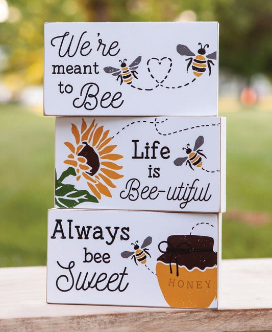 Bee-utiful Wooden Block, 3 Asstd. Bee Decor, Bee Tier Tray, Spring, Bee Wooden Blocks, Bee Wooden Blocks, Sunflower, Free Standing