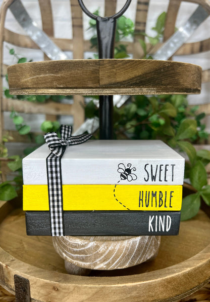 Bee Book Stack, Wooden Book Bundle, Sweet Humble Kind, Bee Decor, Bee Mini Books Farmhouse Books, Tiered Tray Decor