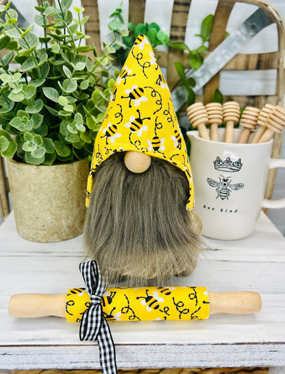 Mini Bee Gnome with rolling pin, Bumble Bee Gnome, Rolling Pin, Honey Bee Gnome, Teacher Gift, Neighbor Gift, Yellow & Black Gnome, Gnomes